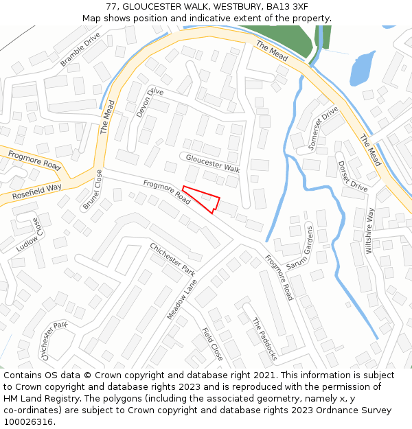 77, GLOUCESTER WALK, WESTBURY, BA13 3XF: Location map and indicative extent of plot