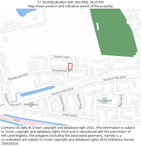 77, MUSSELBURGH WAY, BOURNE, PE10 0XY: Location map and indicative extent of plot