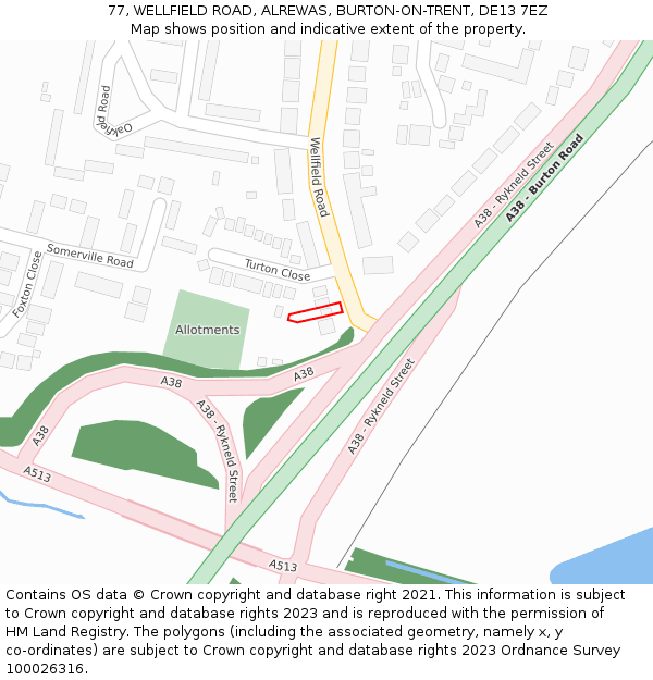 77, WELLFIELD ROAD, ALREWAS, BURTON-ON-TRENT, DE13 7EZ: Location map and indicative extent of plot