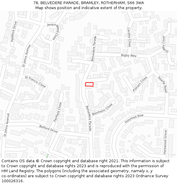 78, BELVEDERE PARADE, BRAMLEY, ROTHERHAM, S66 3WA: Location map and indicative extent of plot