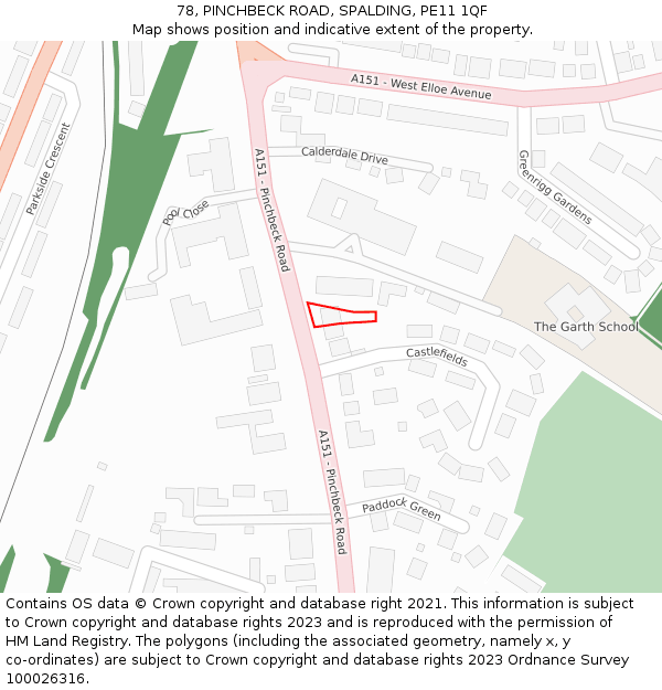 78, PINCHBECK ROAD, SPALDING, PE11 1QF: Location map and indicative extent of plot