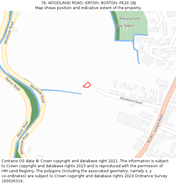 78, WOODLAND ROAD, KIRTON, BOSTON, PE20 1BJ: Location map and indicative extent of plot