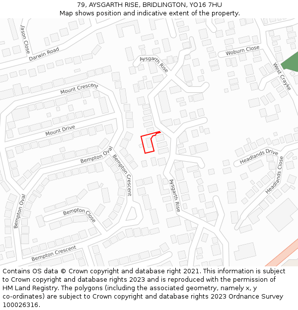 79, AYSGARTH RISE, BRIDLINGTON, YO16 7HU: Location map and indicative extent of plot