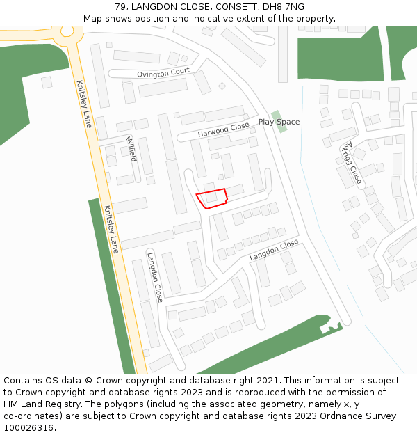 79, LANGDON CLOSE, CONSETT, DH8 7NG: Location map and indicative extent of plot