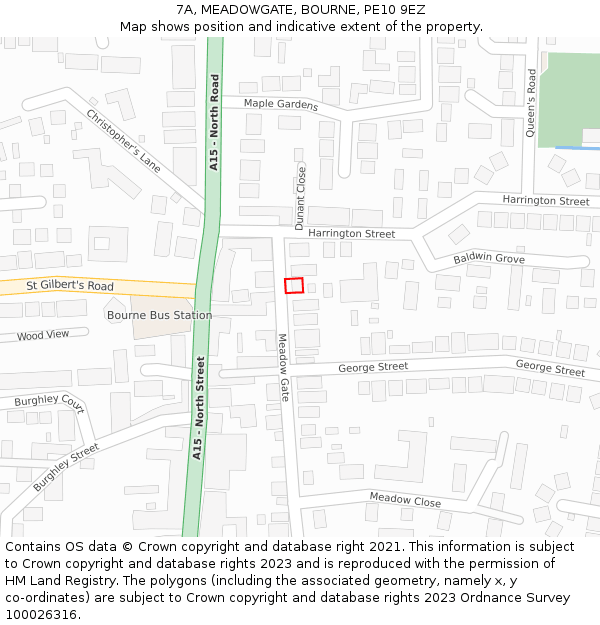 7A, MEADOWGATE, BOURNE, PE10 9EZ: Location map and indicative extent of plot