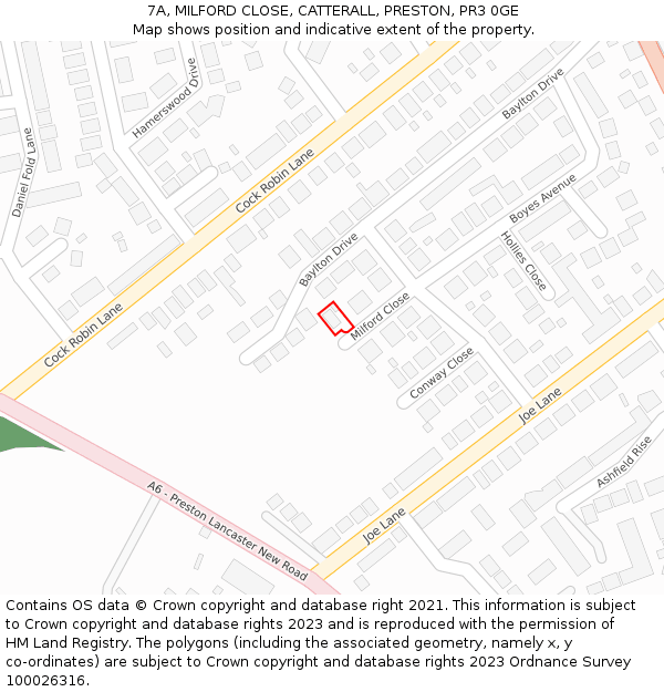 7A, MILFORD CLOSE, CATTERALL, PRESTON, PR3 0GE: Location map and indicative extent of plot