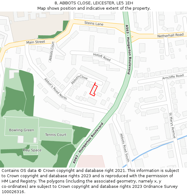 8, ABBOTS CLOSE, LEICESTER, LE5 1EH: Location map and indicative extent of plot