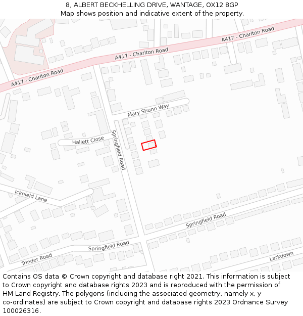 8, ALBERT BECKHELLING DRIVE, WANTAGE, OX12 8GP: Location map and indicative extent of plot