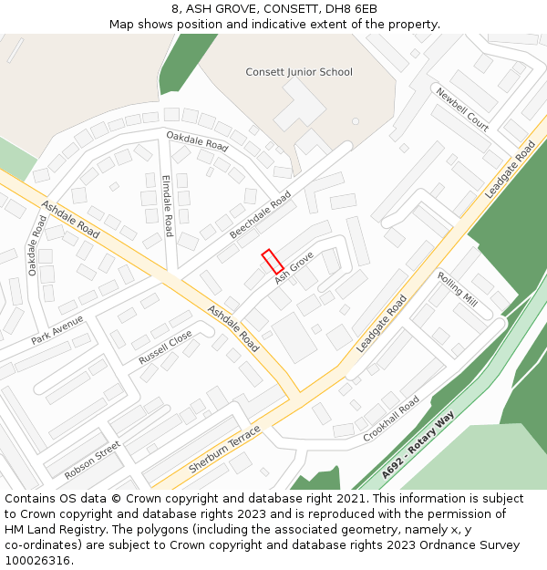 8, ASH GROVE, CONSETT, DH8 6EB: Location map and indicative extent of plot