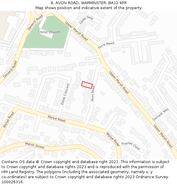 8, AVON ROAD, WARMINSTER, BA12 9PR: Location map and indicative extent of plot