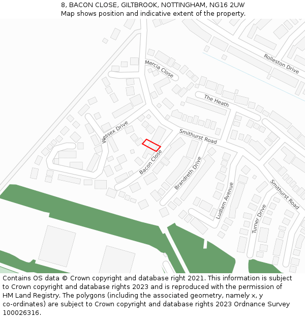 8, BACON CLOSE, GILTBROOK, NOTTINGHAM, NG16 2UW: Location map and indicative extent of plot