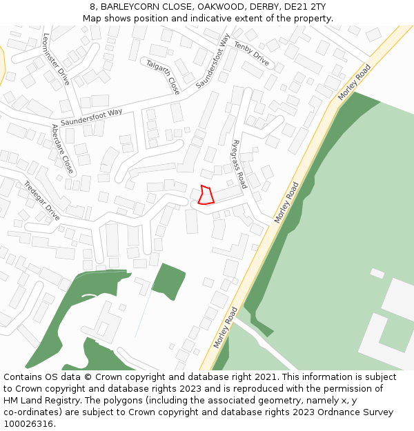 8, BARLEYCORN CLOSE, OAKWOOD, DERBY, DE21 2TY: Location map and indicative extent of plot