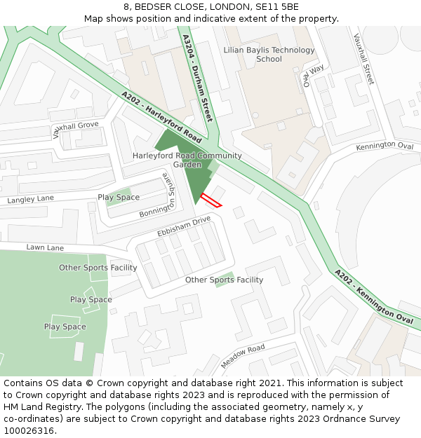 8, BEDSER CLOSE, LONDON, SE11 5BE: Location map and indicative extent of plot