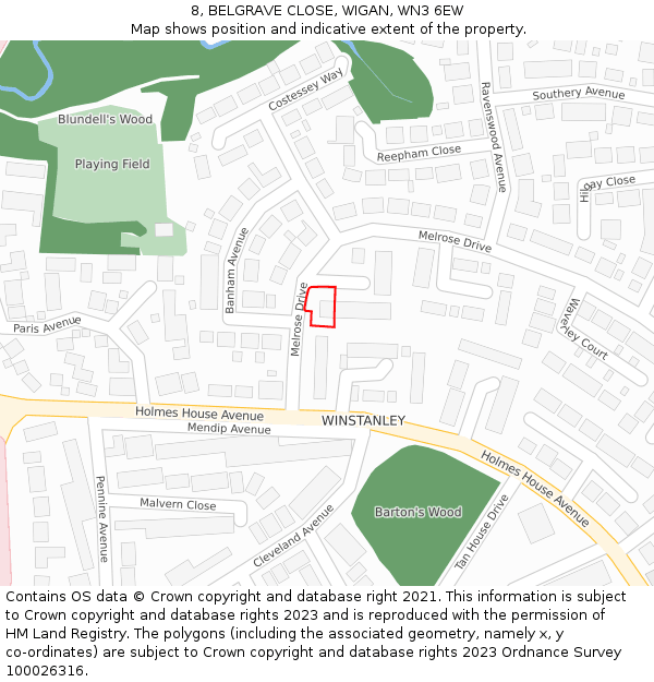 8, BELGRAVE CLOSE, WIGAN, WN3 6EW: Location map and indicative extent of plot