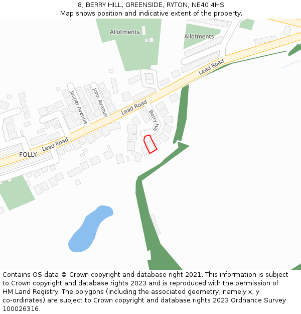 8, BERRY HILL, GREENSIDE, RYTON, NE40 4HS: Location map and indicative extent of plot