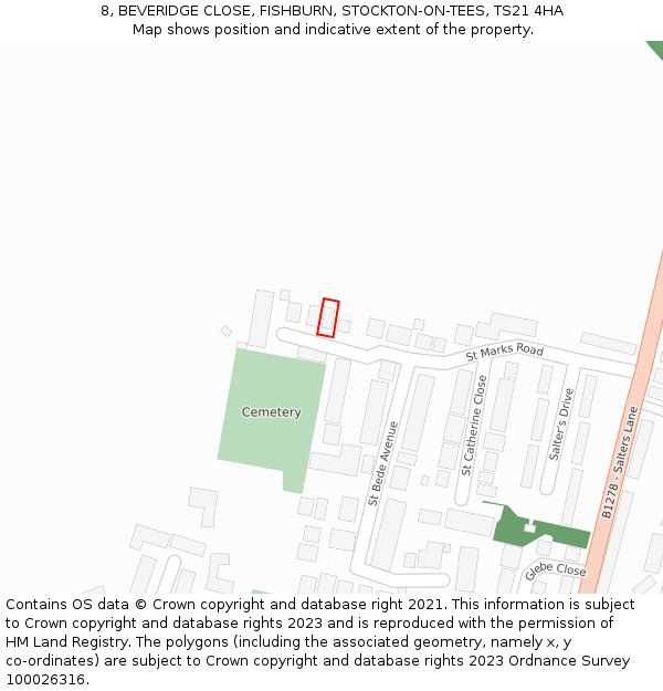 8, BEVERIDGE CLOSE, FISHBURN, STOCKTON-ON-TEES, TS21 4HA: Location map and indicative extent of plot