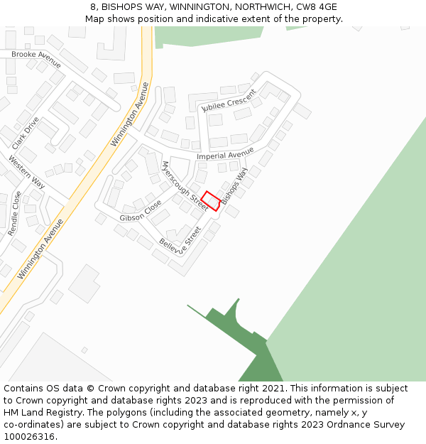 8, BISHOPS WAY, WINNINGTON, NORTHWICH, CW8 4GE: Location map and indicative extent of plot