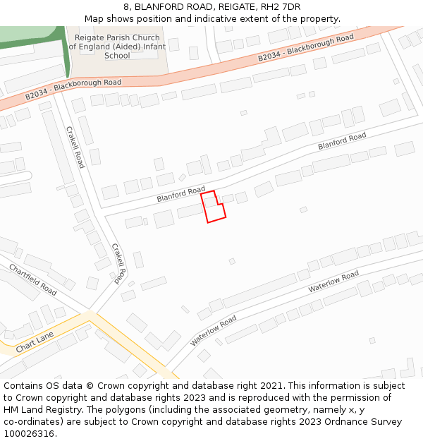 8, BLANFORD ROAD, REIGATE, RH2 7DR: Location map and indicative extent of plot