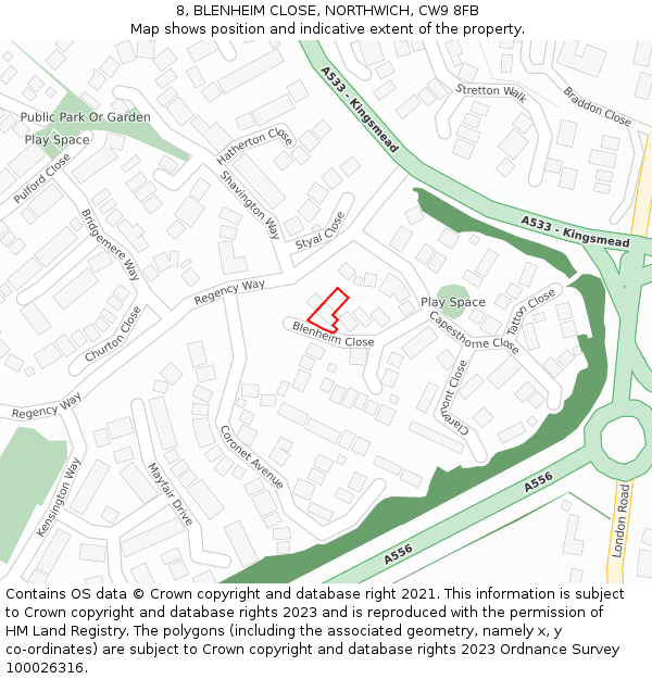 8, BLENHEIM CLOSE, NORTHWICH, CW9 8FB: Location map and indicative extent of plot