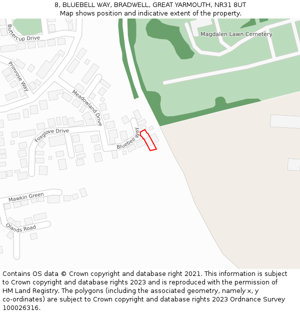 8, BLUEBELL WAY, BRADWELL, GREAT YARMOUTH, NR31 8UT: Location map and indicative extent of plot