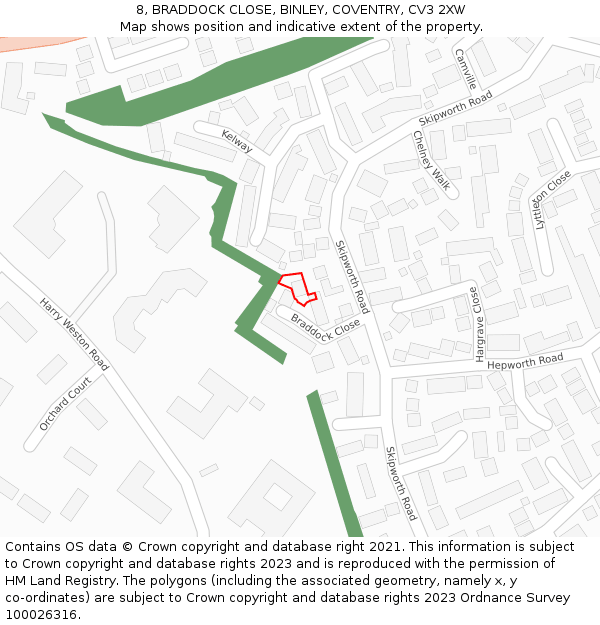 8, BRADDOCK CLOSE, BINLEY, COVENTRY, CV3 2XW: Location map and indicative extent of plot