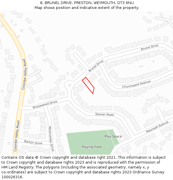 8, BRUNEL DRIVE, PRESTON, WEYMOUTH, DT3 6NU: Location map and indicative extent of plot