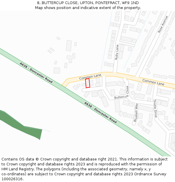 8, BUTTERCUP CLOSE, UPTON, PONTEFRACT, WF9 1ND: Location map and indicative extent of plot