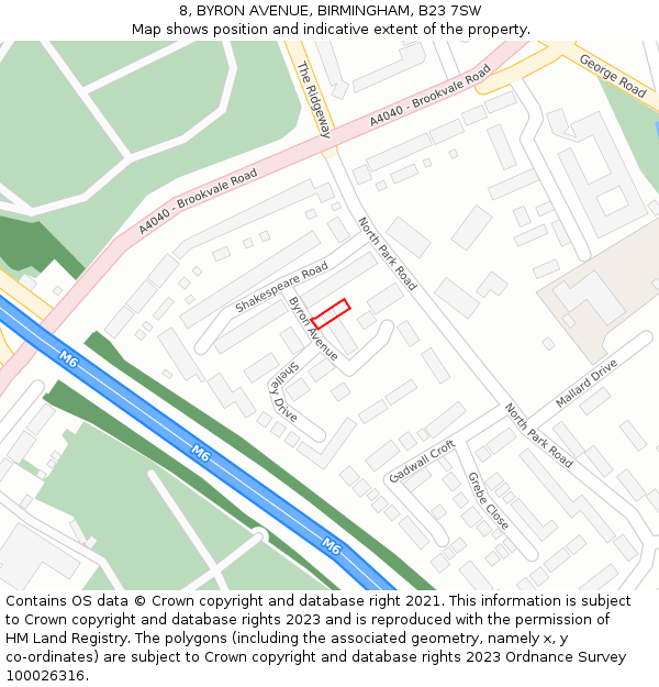 8, BYRON AVENUE, BIRMINGHAM, B23 7SW: Location map and indicative extent of plot