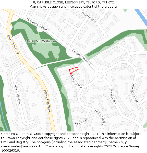 8, CARLISLE CLOSE, LEEGOMERY, TELFORD, TF1 6YZ: Location map and indicative extent of plot