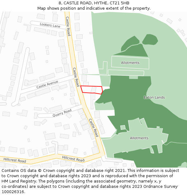 8, CASTLE ROAD, HYTHE, CT21 5HB: Location map and indicative extent of plot