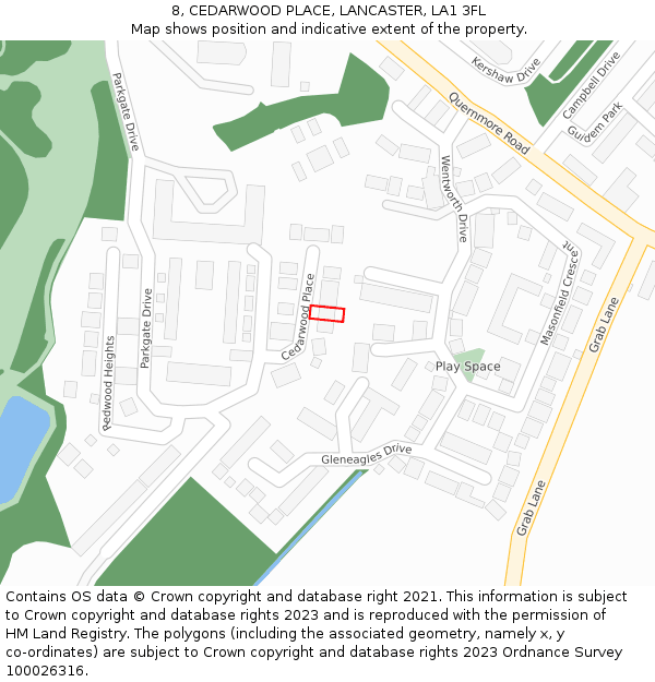 8, CEDARWOOD PLACE, LANCASTER, LA1 3FL: Location map and indicative extent of plot