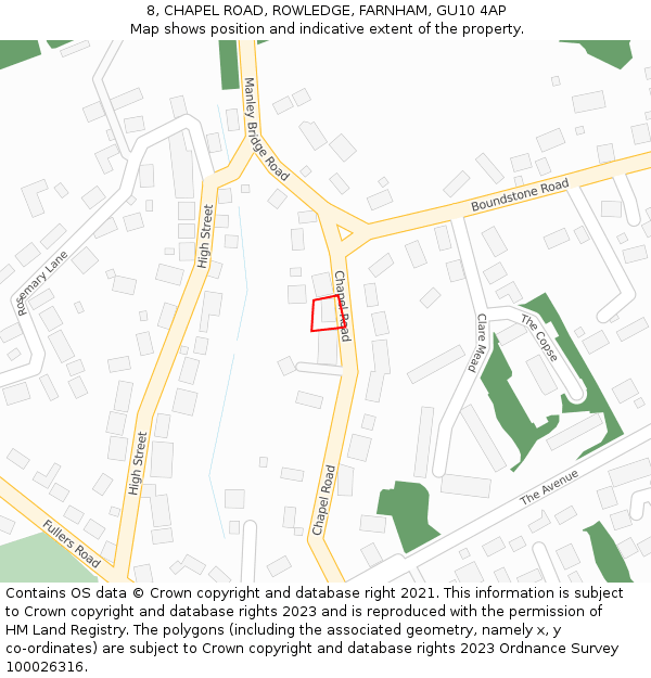 8, CHAPEL ROAD, ROWLEDGE, FARNHAM, GU10 4AP: Location map and indicative extent of plot