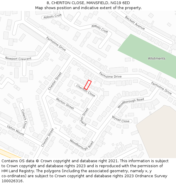 8, CHERITON CLOSE, MANSFIELD, NG19 6ED: Location map and indicative extent of plot