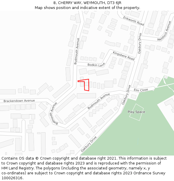 8, CHERRY WAY, WEYMOUTH, DT3 6JR: Location map and indicative extent of plot