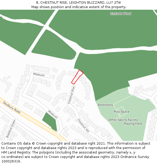 8, CHESTNUT RISE, LEIGHTON BUZZARD, LU7 2TW: Location map and indicative extent of plot