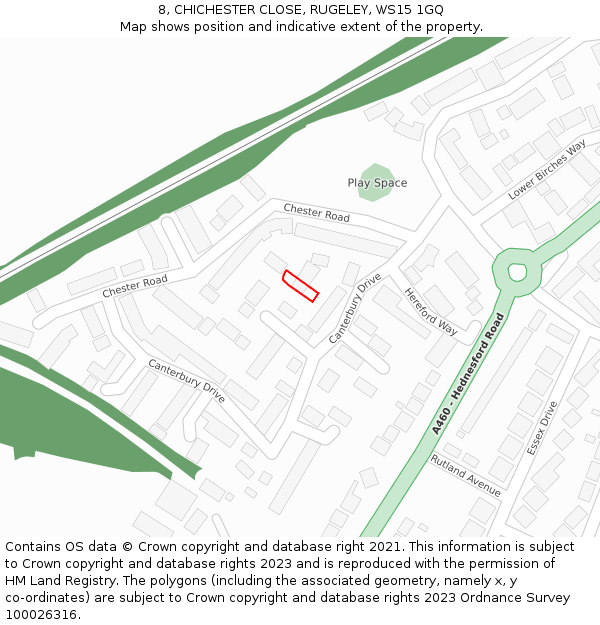 8, CHICHESTER CLOSE, RUGELEY, WS15 1GQ: Location map and indicative extent of plot