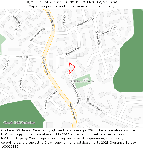 8, CHURCH VIEW CLOSE, ARNOLD, NOTTINGHAM, NG5 9QP: Location map and indicative extent of plot