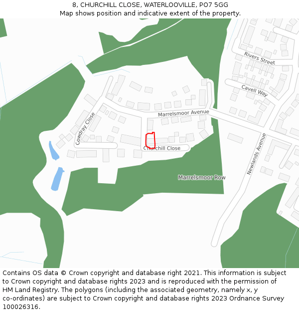 8, CHURCHILL CLOSE, WATERLOOVILLE, PO7 5GG: Location map and indicative extent of plot