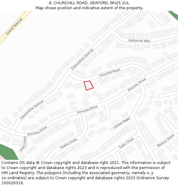 8, CHURCHILL ROAD, SEAFORD, BN25 2UL: Location map and indicative extent of plot