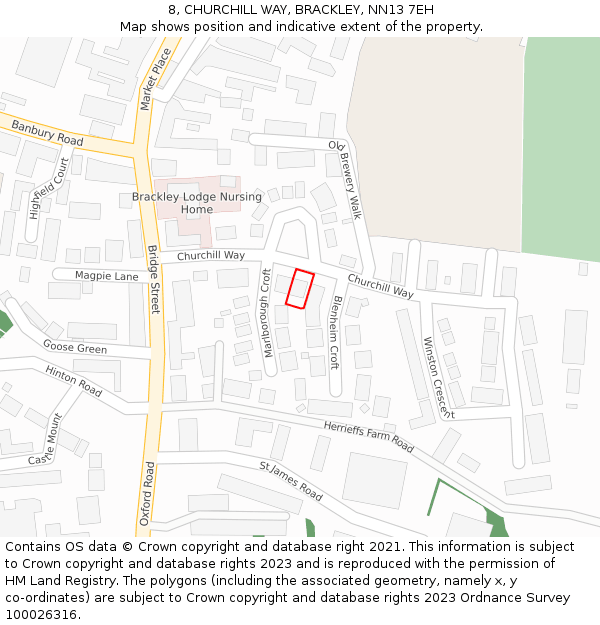 8, CHURCHILL WAY, BRACKLEY, NN13 7EH: Location map and indicative extent of plot