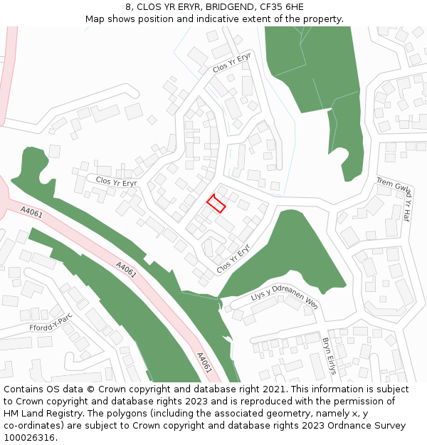 8, CLOS YR ERYR, BRIDGEND, CF35 6HE: Location map and indicative extent of plot