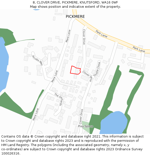 8, CLOVER DRIVE, PICKMERE, KNUTSFORD, WA16 0WF: Location map and indicative extent of plot