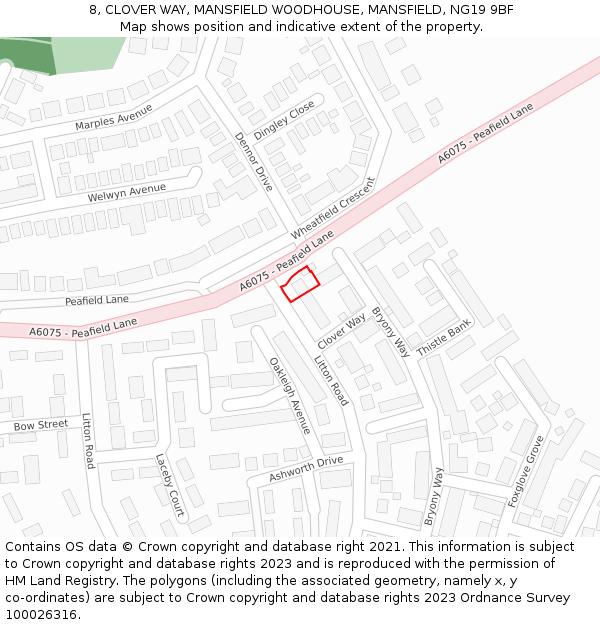 8, CLOVER WAY, MANSFIELD WOODHOUSE, MANSFIELD, NG19 9BF: Location map and indicative extent of plot