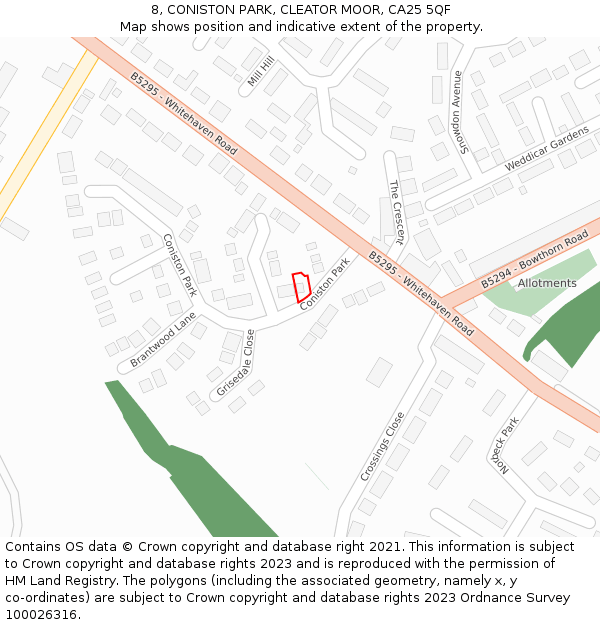 8, CONISTON PARK, CLEATOR MOOR, CA25 5QF: Location map and indicative extent of plot