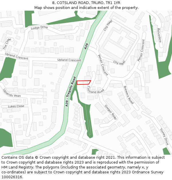 8, COTSLAND ROAD, TRURO, TR1 1YR: Location map and indicative extent of plot