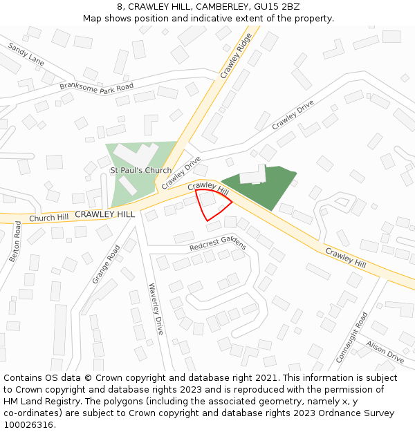 8, CRAWLEY HILL, CAMBERLEY, GU15 2BZ: Location map and indicative extent of plot