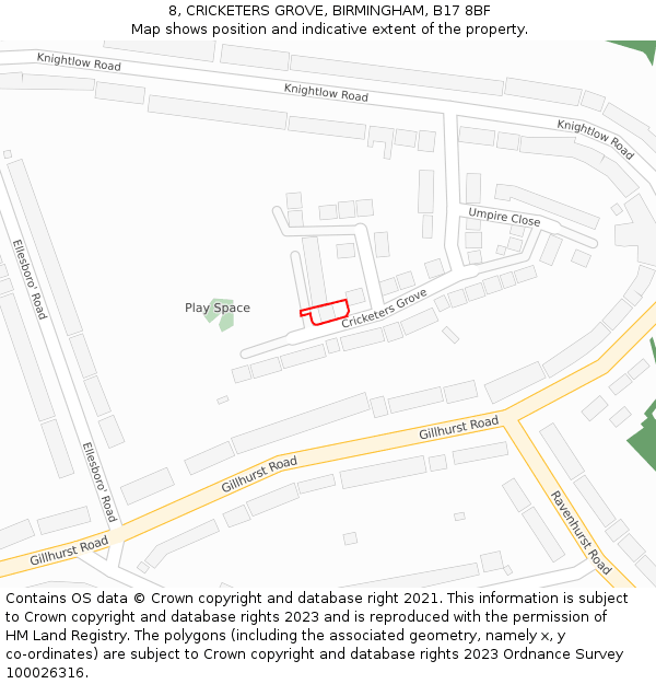 8, CRICKETERS GROVE, BIRMINGHAM, B17 8BF: Location map and indicative extent of plot