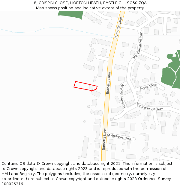 8, CRISPIN CLOSE, HORTON HEATH, EASTLEIGH, SO50 7QA: Location map and indicative extent of plot