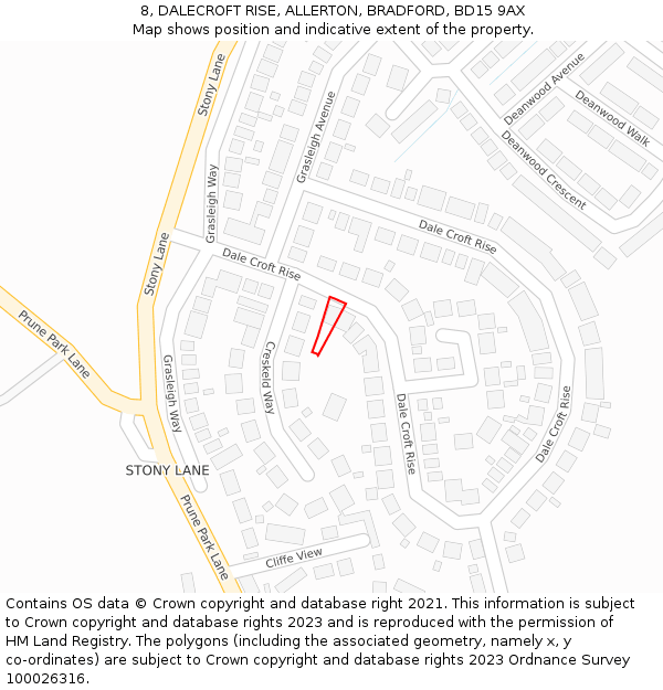 8, DALECROFT RISE, ALLERTON, BRADFORD, BD15 9AX: Location map and indicative extent of plot