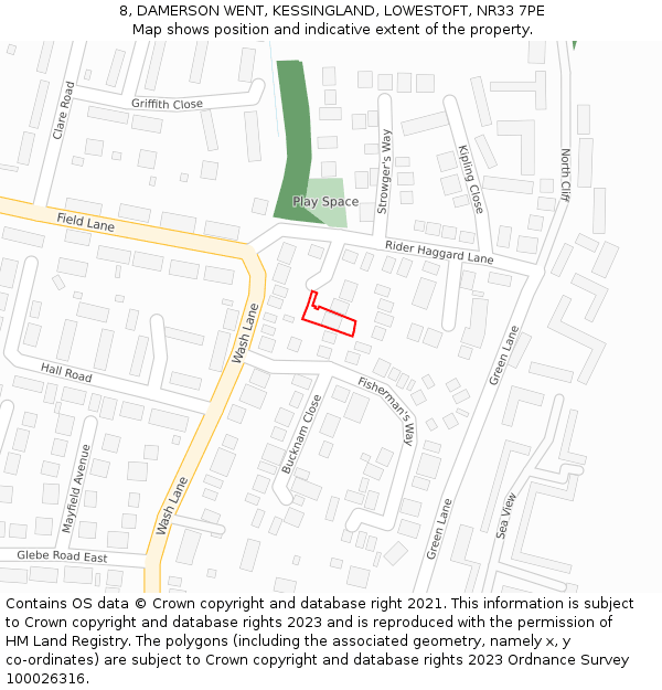 8, DAMERSON WENT, KESSINGLAND, LOWESTOFT, NR33 7PE: Location map and indicative extent of plot